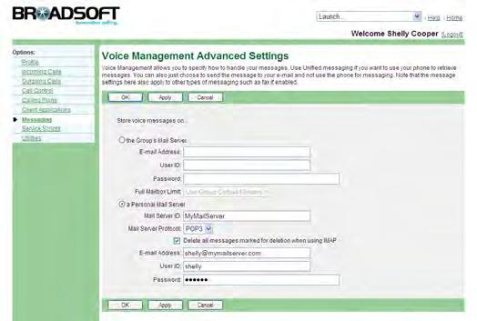 Figure 252 Messaging Voice Management Advanced Settings 1) On the User Messaging menu page, click Voice Management. The User Management page appears.