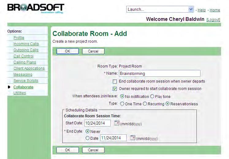 12.2 Create Project Room You use the User Collaborate Room Add page to create a new project room.