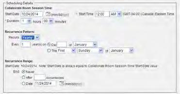 Figure 271 Collaborate Room Add Scheduling Details (Recurring Yearly Sessions) Specify the start date of the first session.