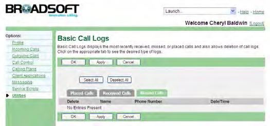 13.3.3 View Missed Calls Use this procedure to display your missed calls. Figure 279 Utilities Basic Call Logs (Missed Calls Tab) 1) On the User Utilities menu page, click Basic Call Logs.