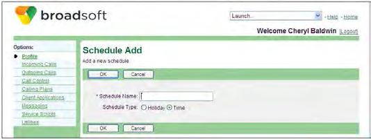 3.7.2 Add Personal Schedule Use the User Schedule Add page to add a personal schedule. Figure 12 User Schedule Add 1) On the User Profile menu page, click Schedules. The User Schedules page appears.