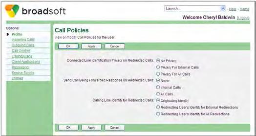 Figure 23 User Call Policies 1) On the User Profile menu page, click Call Policies from the Advanced menu. The User Call Policies page appears.