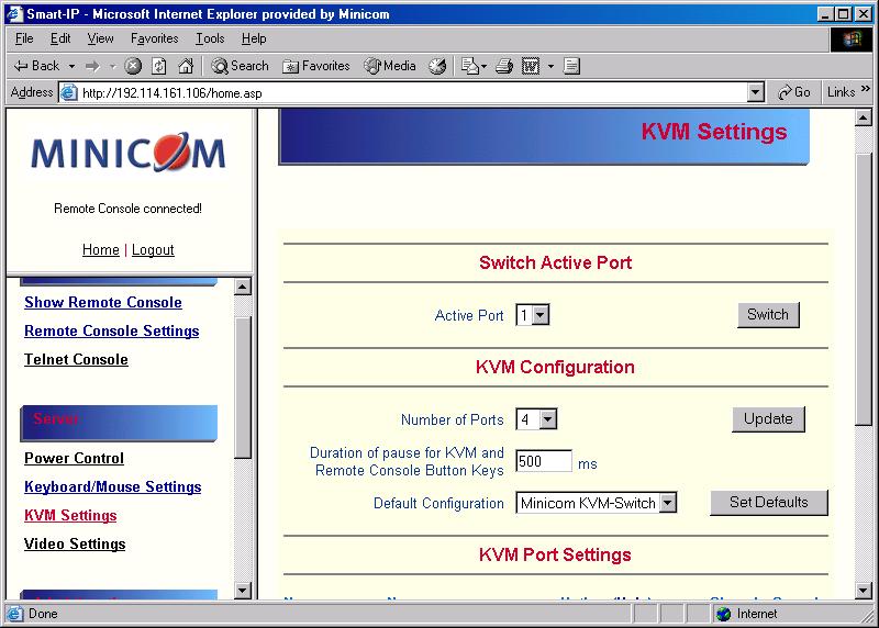 SMART CAT5 SWITCH 16 IP. Figure 16 KVM Settings The elements of the KVM Settings are explained below. Active Port To switch to a computer: 1. Choose a number in the Active port Drop-down list. 2.