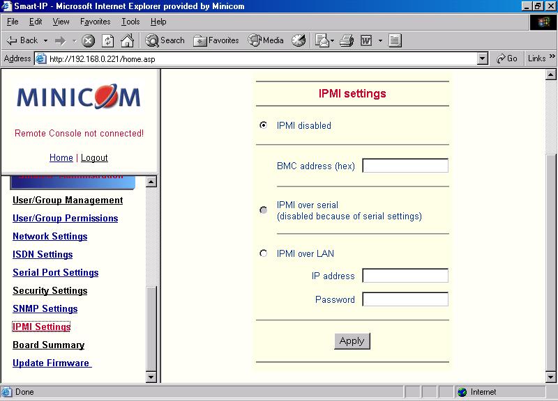 OPERATING GUIDE. Both require IPMI V1.5. From the Smart 16 IP Menu choose IPMI Settings. The IPMI Settings appears. See Figure 33. Figure 33 IPMI Settings IPMI disabled - Disables IPMI.