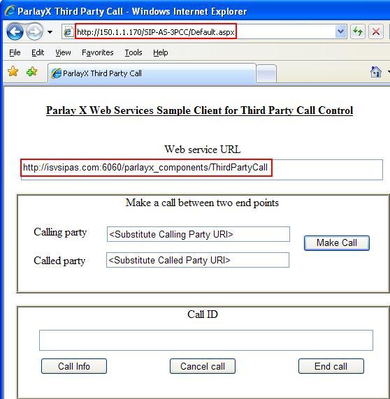Start the.net Third Party Call Control sample application by entering the URL http://15