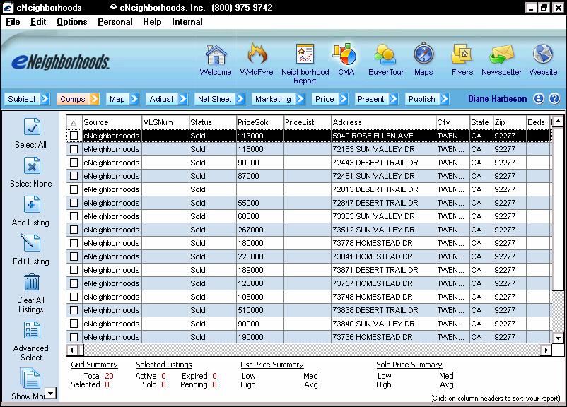 Step 4 - Review Comparables The Comps tab will display the properties that you imported into the CMA program from WyldFyre7.