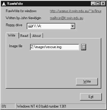 program rawwrite.exe, which can be found in the \dosutils directory on a Linux installation CD-ROM. Once the program is open, choose the Write option, and then choose the rescue.