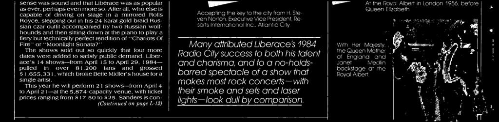 Liberace's 14 shows -from April 15 to April 29, 1984- pulled in over 8I,200 fans and grossed S1,655,331, which broke Bette Midler's house for a single artist.