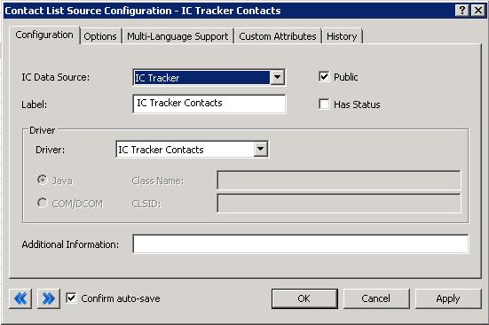 Result: The Contact List Source Configuration IC Tracker Contacts dialog box appears. 4.