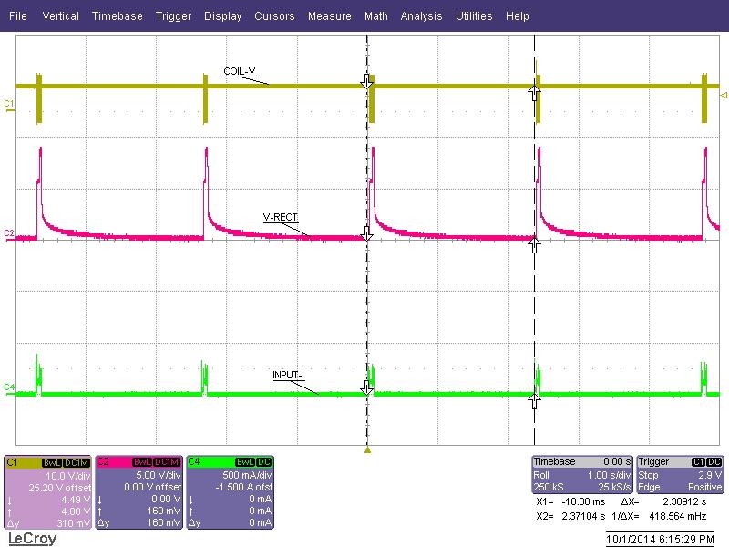 Figure 7 shows the TX and RX behavior during Charge Complete, EPT 01. The bq51003 is configured to send EPT 01. In response TX will end power transfer and not ping for about 2.5 seconds.