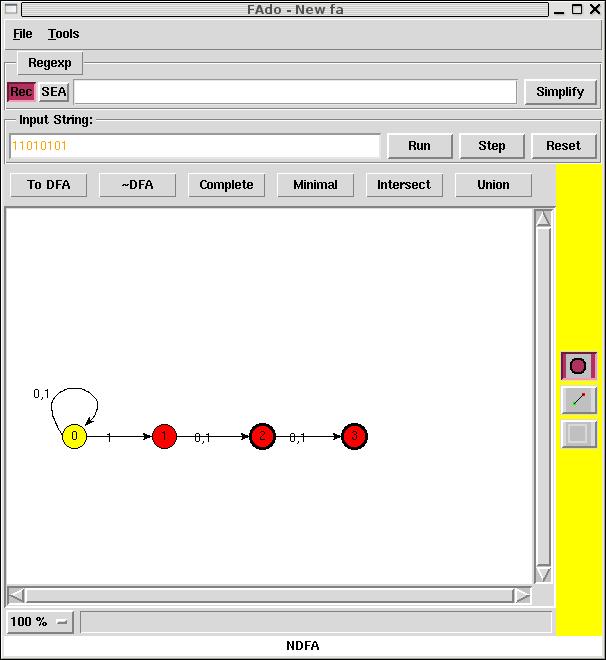 Figure 2: Creating a NDFA with the graphical interface. add a transition between two states (or a loop in one state); a label is prompted to the user.