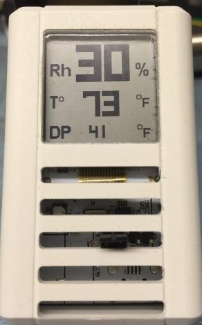 This device also contains the bluetooth LE components so it can also operate with the HYgro-blu IOS app. Relative humidity and Temperature are displayed on the top 2 lines.