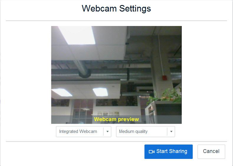 To turn on or off the Webcam, select the Webcam option on the Video Conference Tools menu at the top center.