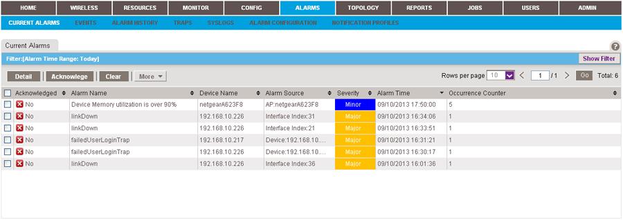 For more about how to view and manage the alarm history and how to add custom alarm configurations that are based on existing configuration monitors, see the NMS300 Network Management System