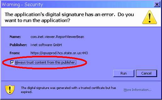 7. Click on Always trust content from this published. Figure 1-12B: Warning Security pop-up 8. Click on the RUN button and wait for the system to complete the process.