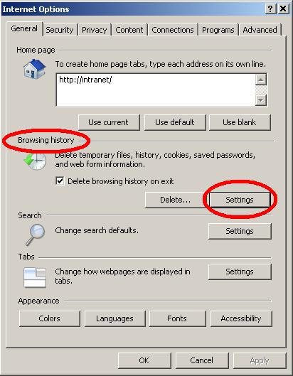In the Internet Options Panel (middle section of the window under Temporary Internet Files, click the Settings