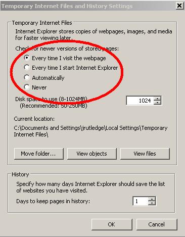 3. In Settings screen, click the option "Every time I visit the webpage", then click OK button (reference figure 1-2).