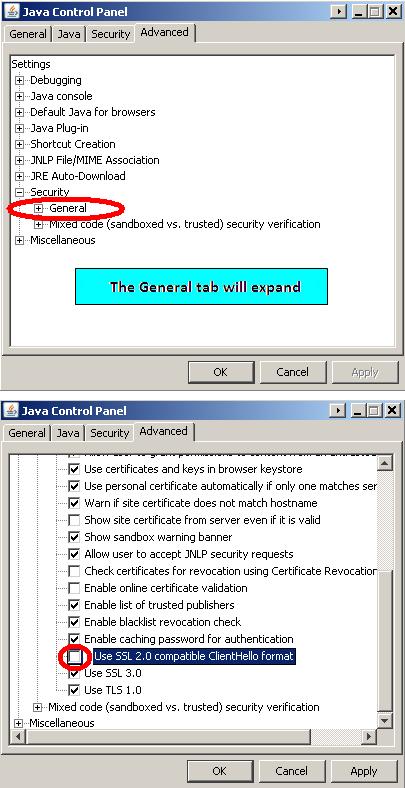4. Click on the + sign in front of General (reference figure 1-4C) Figure 1-4C: Java Control Panel