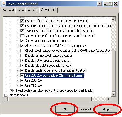 Figure 1-4D: Use SSL 2.0 compatible ClientHello format selection 5. Check the box highlighted above. Click on Apply, then OK (reference figure 1-4D) 6.