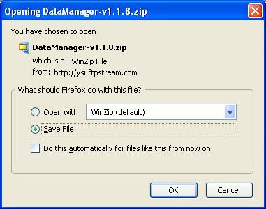 2. Next click the DataManager Download link. (In this example it is v1.1.8) 3. A new window may open or you may see a message pop up indicating a download is being requested.