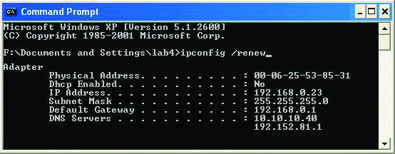 Networking Basics Checking the IP Address in Windows XP/2000 Type ipconfig /renew at the prompt to get a new IP Address. Click Enter. The new IP Address is shown below.