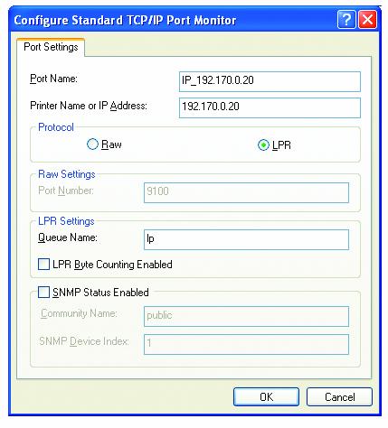 Click Settings Enter the Port Name and the Printer Name or IP