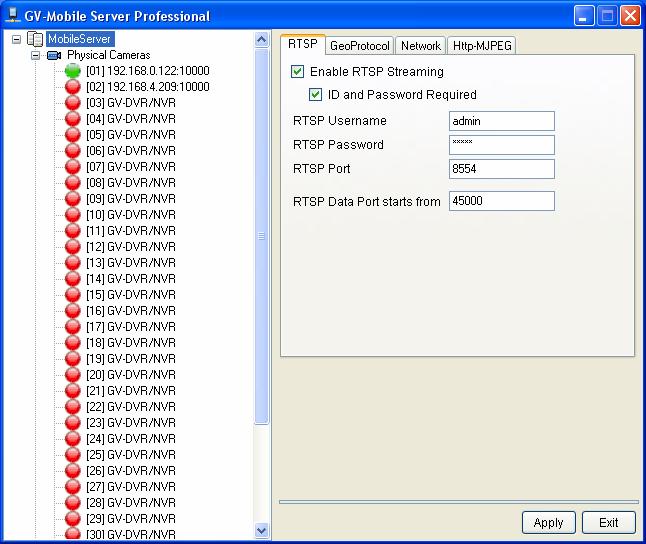5.4 Using Third-Party Surveillance Software To allow third-party software to connect to GV-Mobile Server through RTSP protocol, complete the settings below. 1. Click the RTSP tab. This window appears.