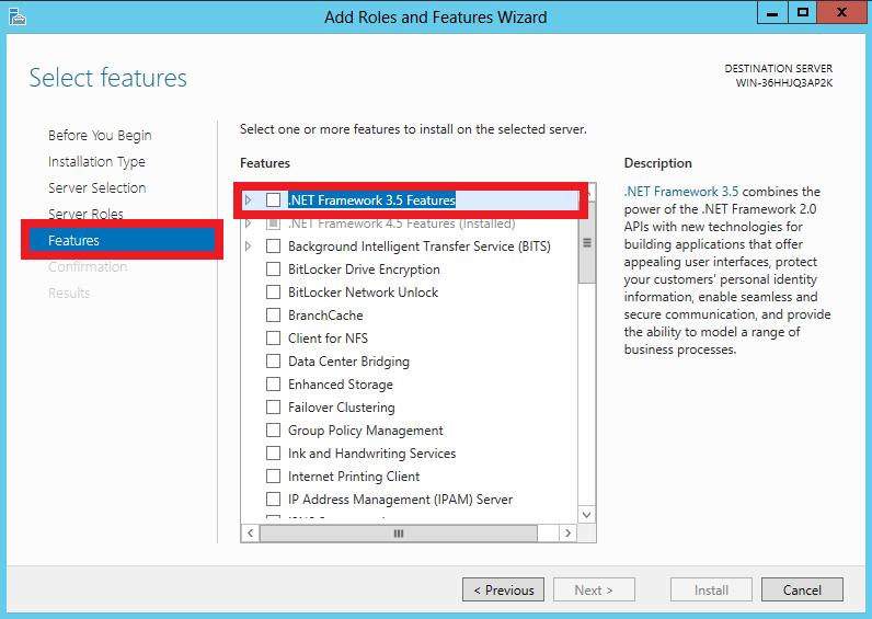 3. Click Features from the tree list on the left and select.net Framework 3.