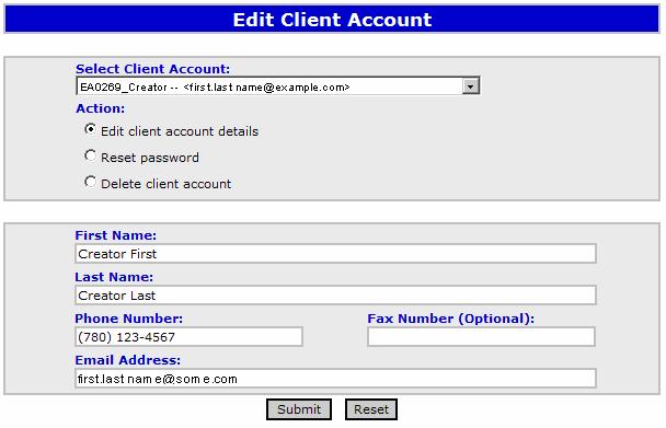 4 Edit Client Accounts This feature allows the Site Administrator to edit the information for a Client Account that may have changed. To Edit the Client Account information follow these steps: 1.