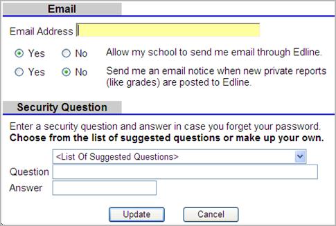 8. On the next page, choose your email settings and your personal security question. If you ever forget your screen name or password, Edline can send your screen name and a temporary password to you.