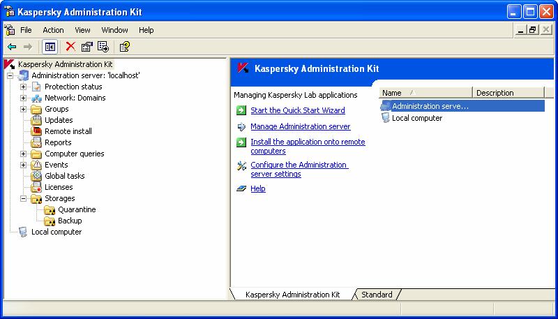 Understanding Kaspersky Administration Kit 29 The task pane is unavailable and is not displayed in the Administration Console under Microsoft Windows 2000.