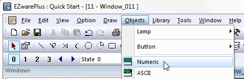 EZware Quick Start Guide 27 1. Add numeric inputs for setting the tank level and temperature. From the top menu bar select Objects -> Numeric 2. The New Numeric Object dialog appears.