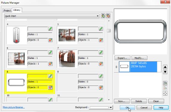 EZware Quick Start Guide 28 7. The Picture Manager dialog opens. Browse to the Quick Start library. Select image 8, the frame. Click OK to select the image and return to the object dialog.