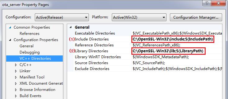 Include the directory in the folder that installed OpenSSL in Install Directories (see (1) of Figure 9).