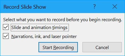 7 4. A dialog box will come up asking what things you want to include in the recording. Check all that will apply. 5. The slideshow and recording will begin.