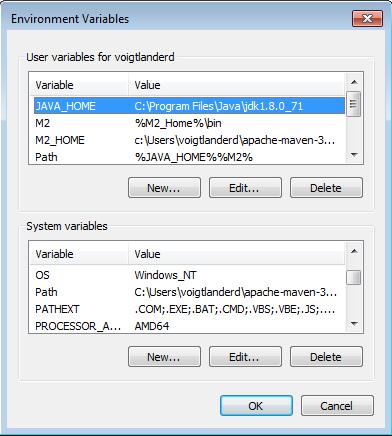 properties (WinKey + Pause), selecting the Advanced tab, and the Environment Variables button, then adding the M2_HOME variable in the user variables with the value C:\Program Files\Apache Software