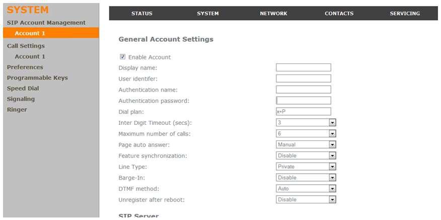 System SIP Account Management On the SIP Account Management pages, you can enter the account settings for the line you have ordered from your service provider.