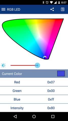 Example Projects 10.On the RGB LED service page, swipe over the color gamut to see a similar color response on the BLE Pioneer Kit RGB LED.