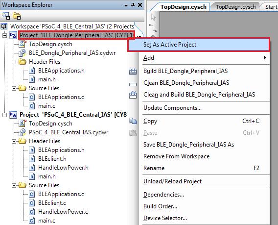 In the PSoC Creator Workspace Explorer, right-click the BLE_Dongle_Peripheral_IAS project and select Set As