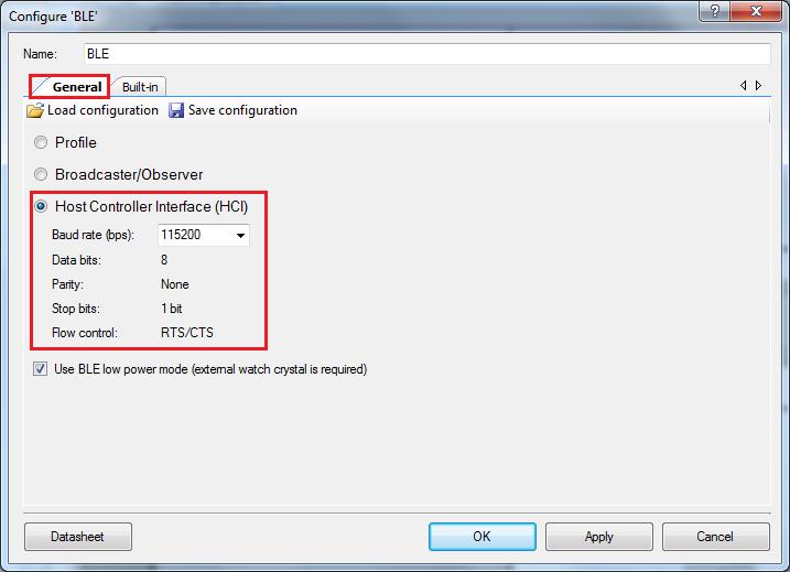 Example Projects The HCI is enabled in the BLE Component under the General settings. Note that when the HCI mode is selected, all other tabs are hidden and cannot be configured.