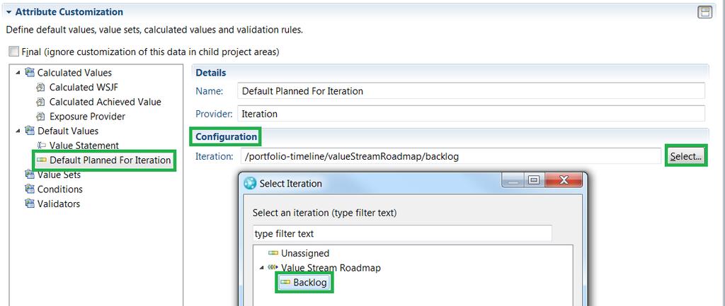 6. Click on the Process Configuration tab and navigate to Project Configuration > Configuration Data > Work Items > Attribution Customization: 7.