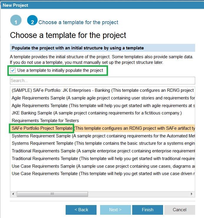 5. Repeat the steps above to create a new project area based on the Agile Requirements project template: Name: Agile Project (with data), Template: Agile Requirements Sample You will harvest new