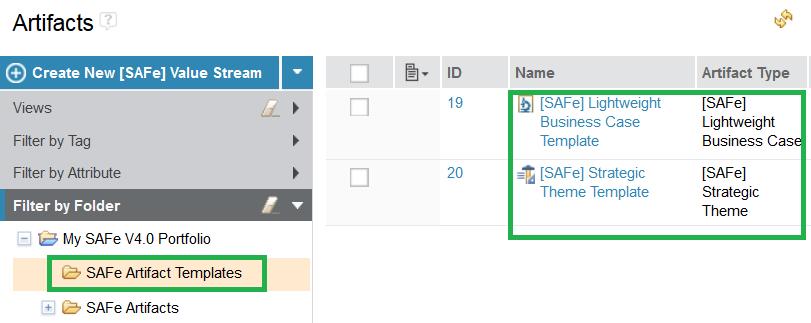 Select the drop-down arrow to create a new [SAFe] Value Stream artifact: Note: If you do not