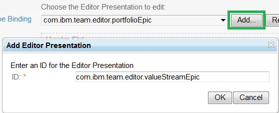 10. Save your changes. 11. Select Editor Presentations. 12. Click Add to create a new com.ibm.team.editor.valuestreamepic editor presentation: 13. Add the simple header: 14.