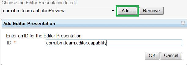 15. Save your changes. 16. Select Editor Presentations. 17. Click Add to create a new com.ibm.team.