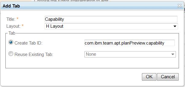 37. Save your changes. 38. Select the com.ibm.team.apt.planpreview editor presentation. 39. Click the to add a new tab for Capability. 40.