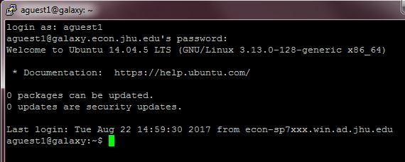 For Macs - in a terminal session enter: $ ssh user-name@galaxy.econ.jhu.edu To keep processes running after ending the ssh session: ssh into your remote box.