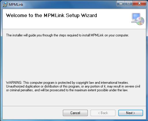 Install MPMLink Click Next on the Setup Wizard Welcome screen