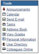 To the left, a number of tools are available in the Tools menu. The most important of these are: Announcements: Announcements in connection with the courses in which are enrolled.