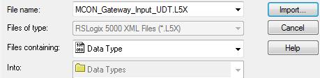 3.4. Import the Gateway UDT s IAIA-EN-I-2015-001-01 3.4.1. Right click the Data Types\User-Defined folder in the Controller Organizer and click Import Data Type Figure 3-39 3.4.2. Navigate to the folder that contains the UDT files and select the MCON_Gateway_Input_UDT.